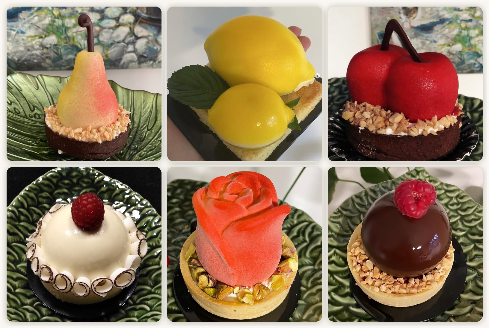 Sześć mono deserów w kształcie owoców — gruszka, cytryna, wiśnie, biały, róża, czekoladowy — Cake Time Cieszyn